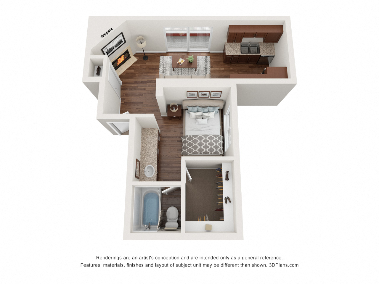 Floor plan for studio, 1 bath, 625 sqft